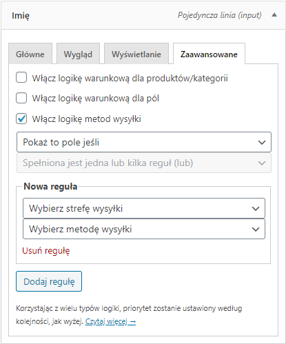 Dodawanie reguł logiki warunkowej dla metod wysyłki