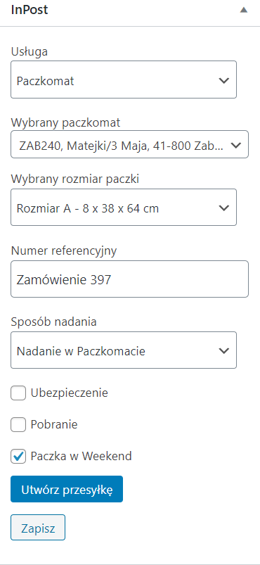 InPost WooCommerce - Paczka w Weekend - nadawanie przesyłki