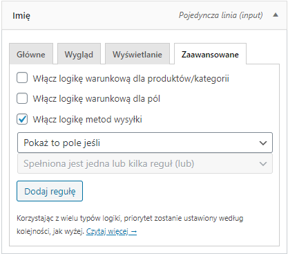 Ustawienia logiki warunkowej dla metod wysyłki