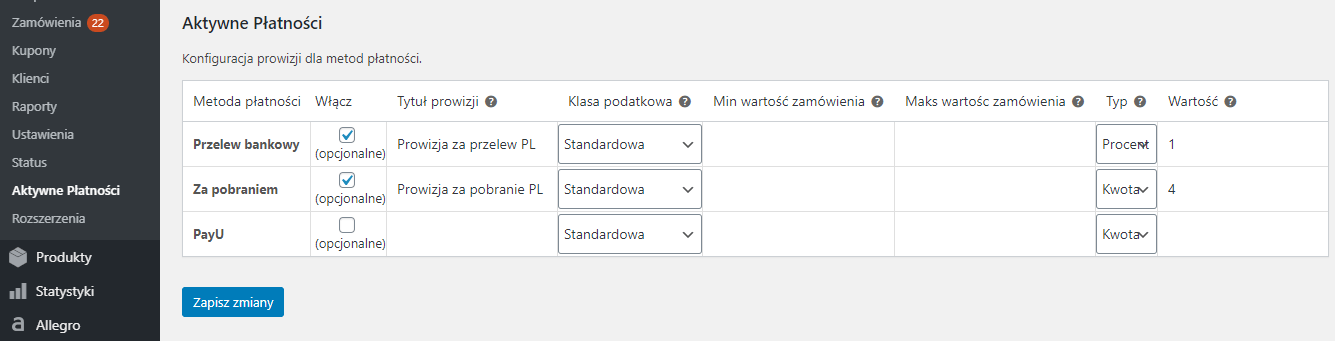 Prowizje Aktywne Płatności WooCommerce