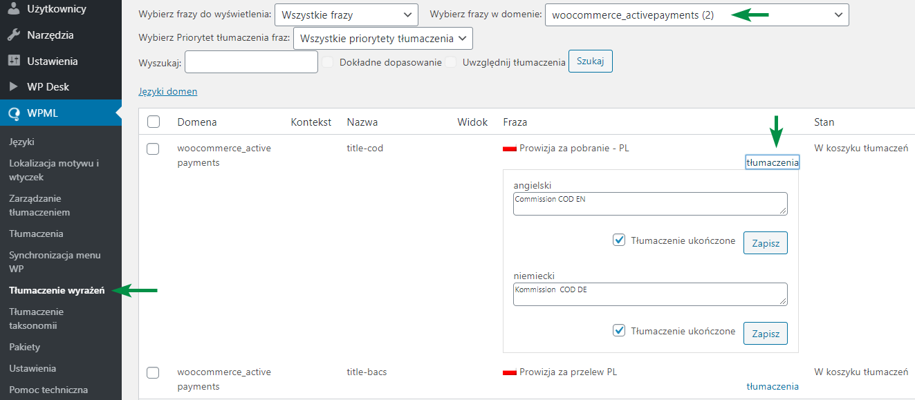 Tłumaczenie tytułów nazw prowizji Aktywne Płatności WooCommerce