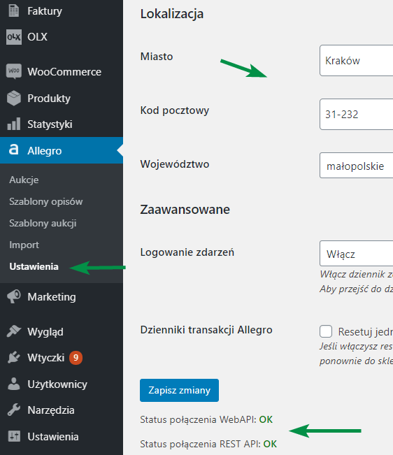 Allegro ustawienia stan połączenia