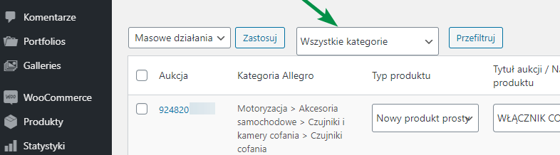 Filtrowanie kategorii importu aukcji