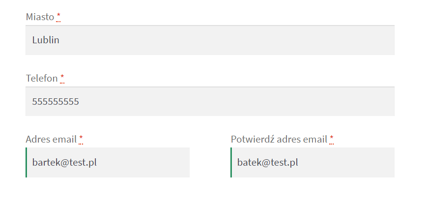 Pole potwierdzające adres email w WooCommerce - rezultat