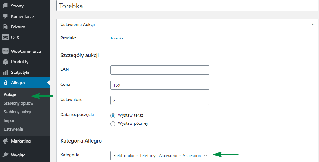 Szkic aukcji kategoria Allegro