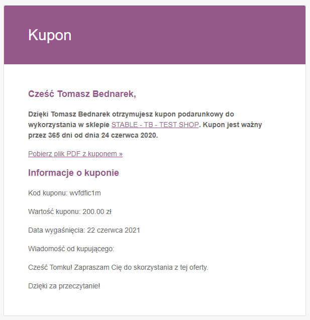 Email z kuponem PDF