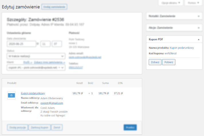 edycja zamówienia kupon PDF