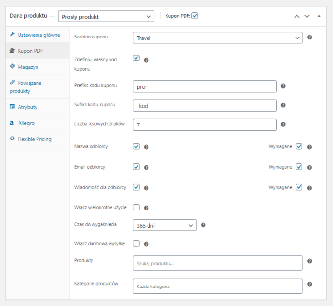 Kupony i Vouchery PDF PRO WooCommerce Ustawienia Strony Produktowej