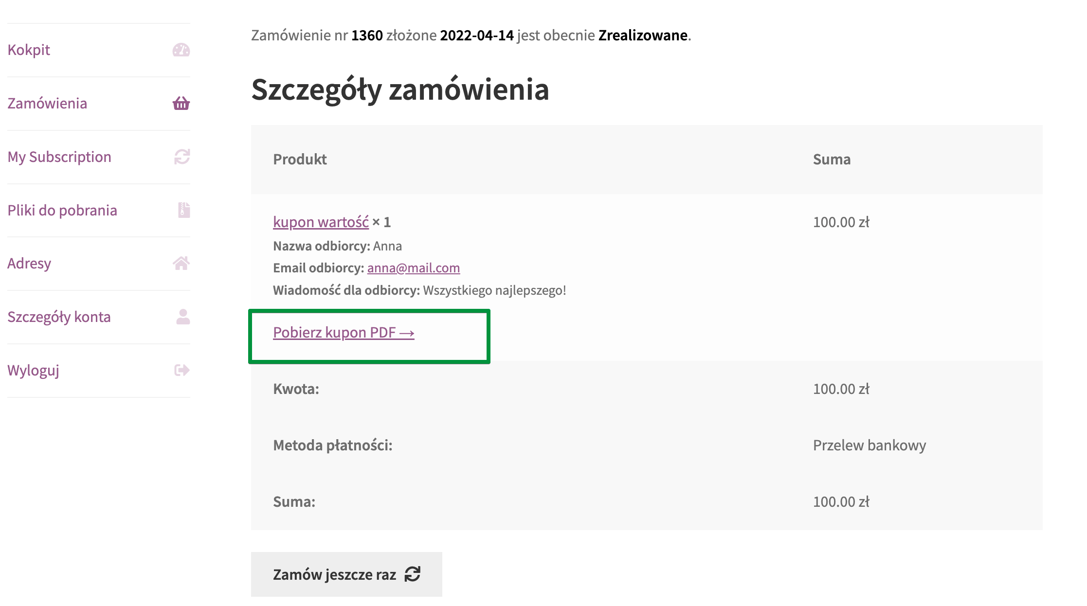 Pobierz Kupon PDF ze strony moje konto