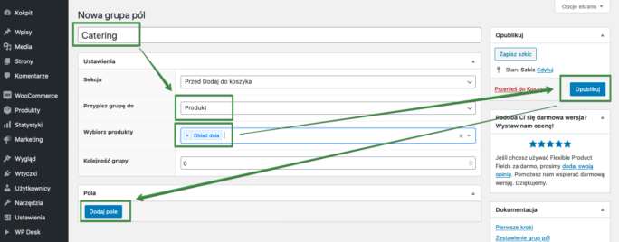 Konfiguracja nowej grupy pól we wtyczce Flexible Product Fields