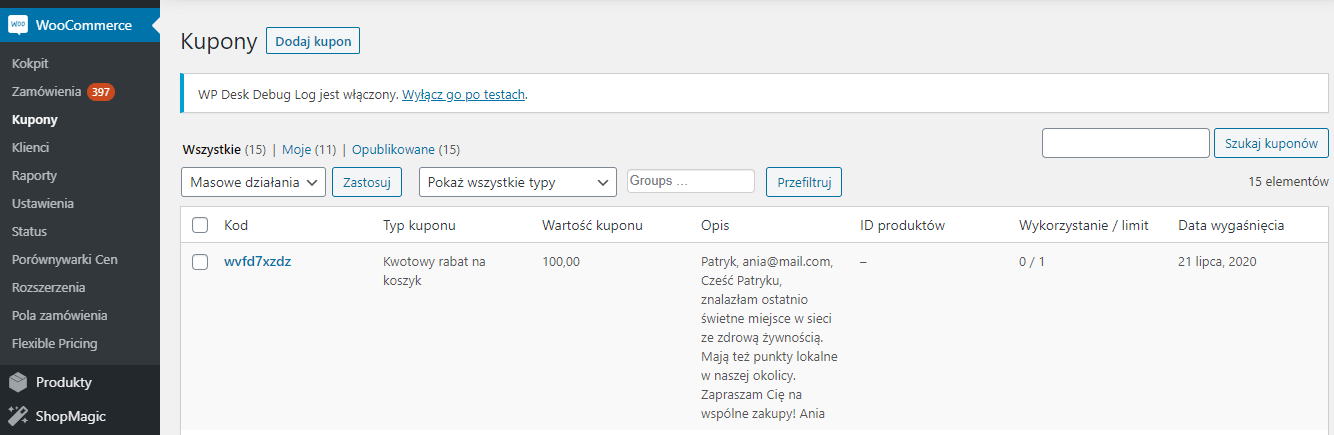 Edycja kuponu WooCommerce - widok kuponów WooCommerce