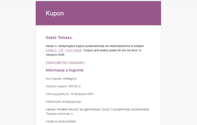 Email z kartą podarunkową PDF WooCommerce