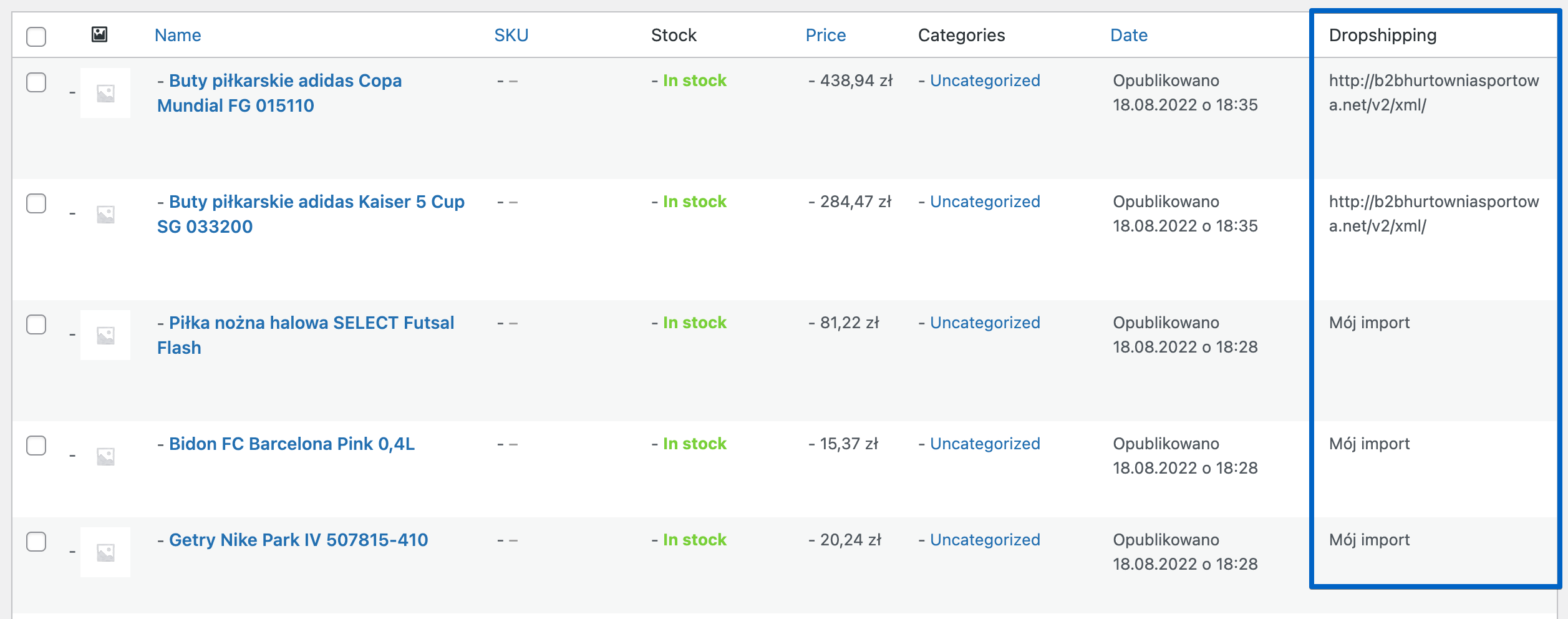 Dropshipping XML WooCommerce - lista importowanych produktów