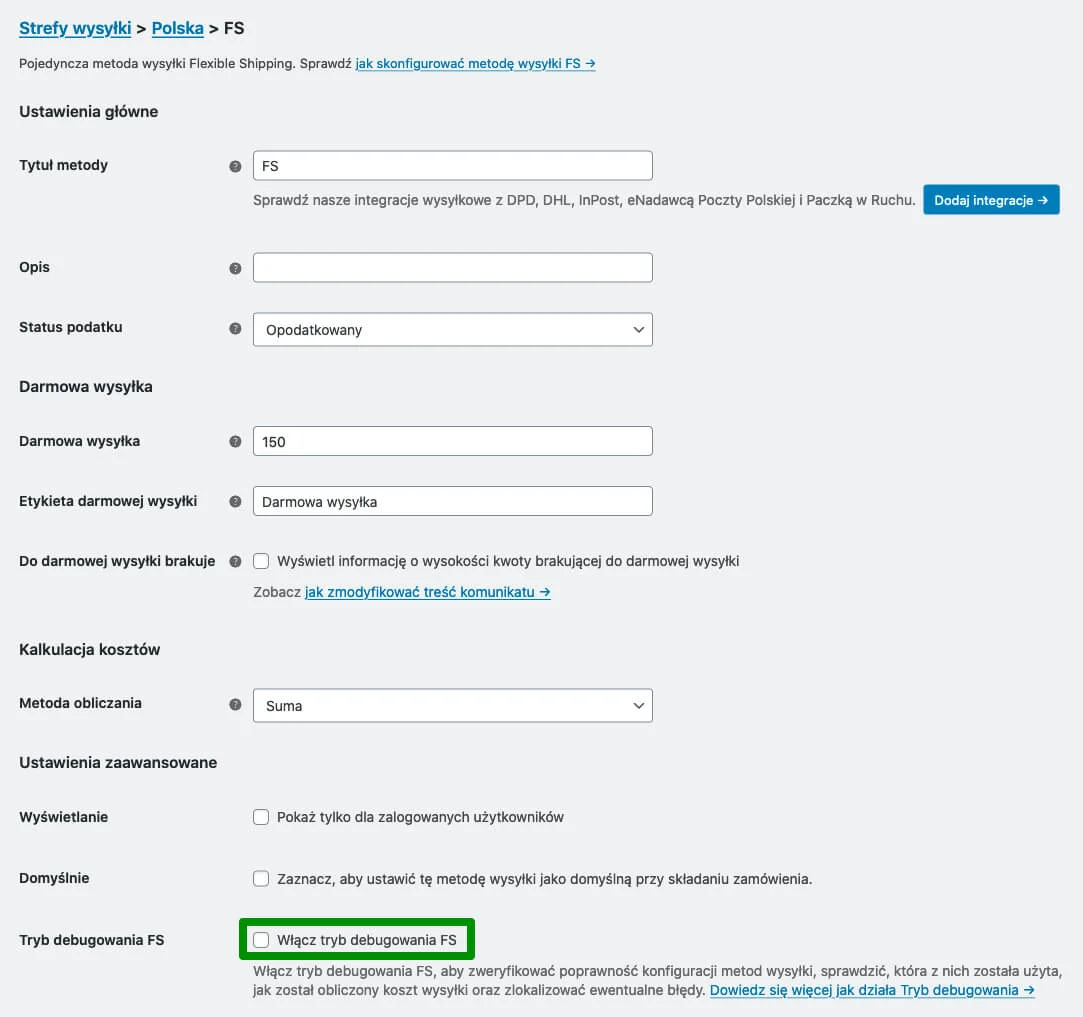 Jak włączyć tryb degugowania we Flexible Shipping