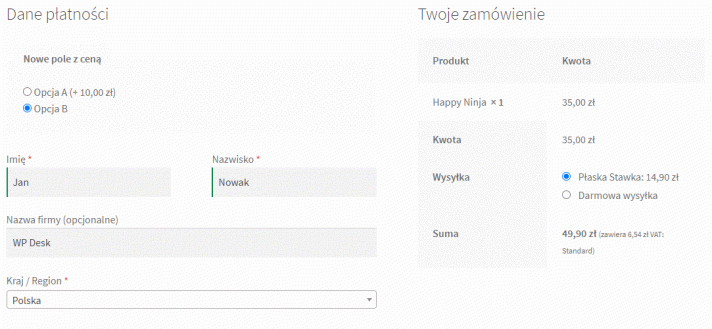 pola z dodatkową ceną woocommerce checkout