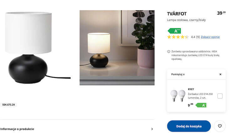 Wizualizacja przykładu sekcji Cross-Sellingowej w sklepie internetowym IKEA.pl. Zdjęcie ukazuje możliwość dokupienia żarówek do lampki bezpośrednio na stronie produktu lampki.