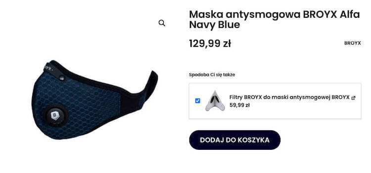 Wizualizacja przykładu konfiguracji wtyczki WooCommerce Quick Cross-Sells. Na stronie produktu maski antysmogowej, wraz z dodaniem do koszyka maski, możemy opcjonalnie również wybrać dokupienie zapasowego filtra do tej maski.