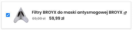 Wizualizacja przykładu segmentu sekcji Quick Cross-Sells, gdy podpięty produkt jest w promocji. Pokazujemy wtedy przekreśloną cenę standardową, a obok wyświetlamy nową, promocyjną cenę.