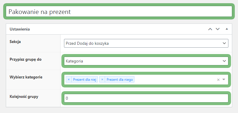 Flexible Product Fields - ustawienia grupy