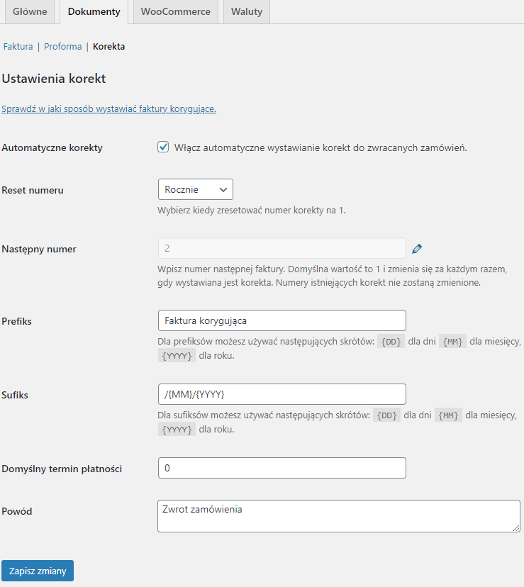 Faktury WooCommerce - ustawienia korekt