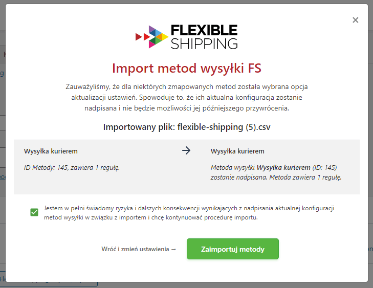 potwierdzenie importu metod wysyłki Flexible Shipping