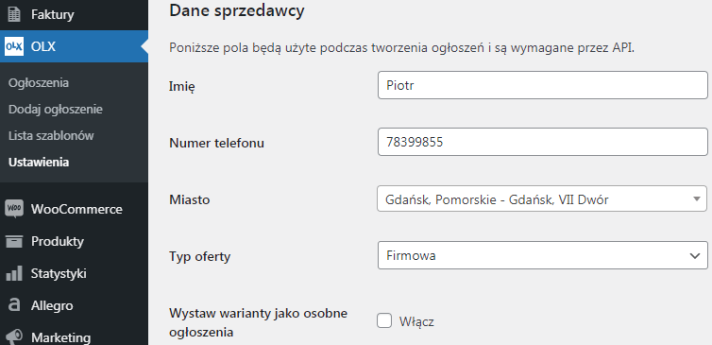 OLX WooCommerce - ustawienia danych Sprzedawcy