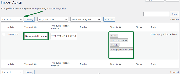 Import aukcji Allegro do WooCommerce warianty