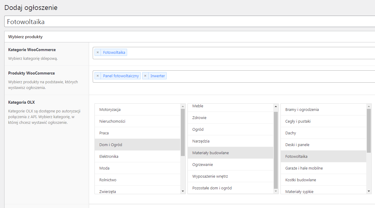 Dodawanie produktów WooCommerce jako ogłoszeń na OLX