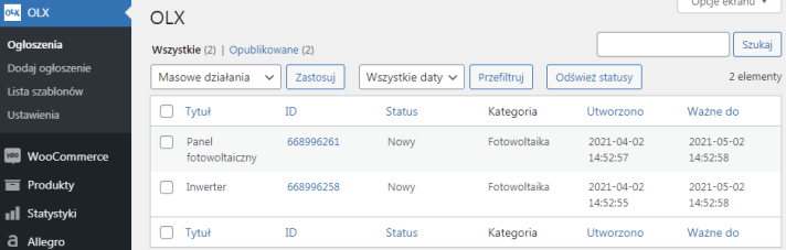 Lista ogłoszeń na OLX w WooCommerce