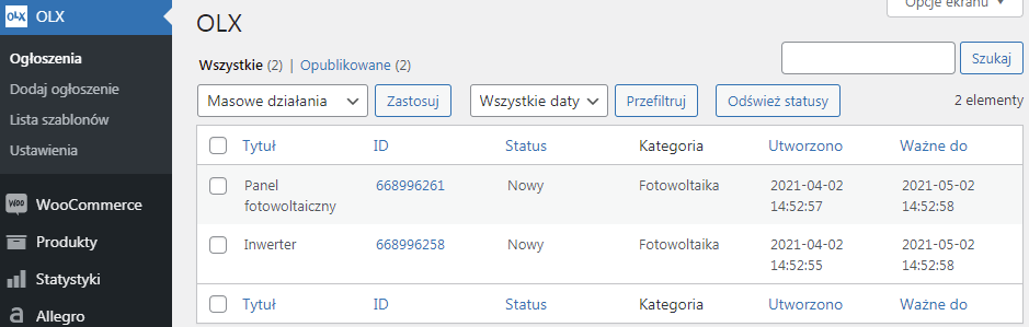 Lista wystawionych ogłoszeń OLX w WooCommerce