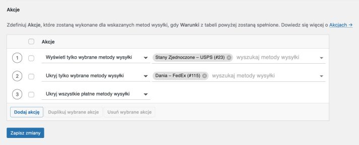 Conditional Shipping Methods - Akcje tabela