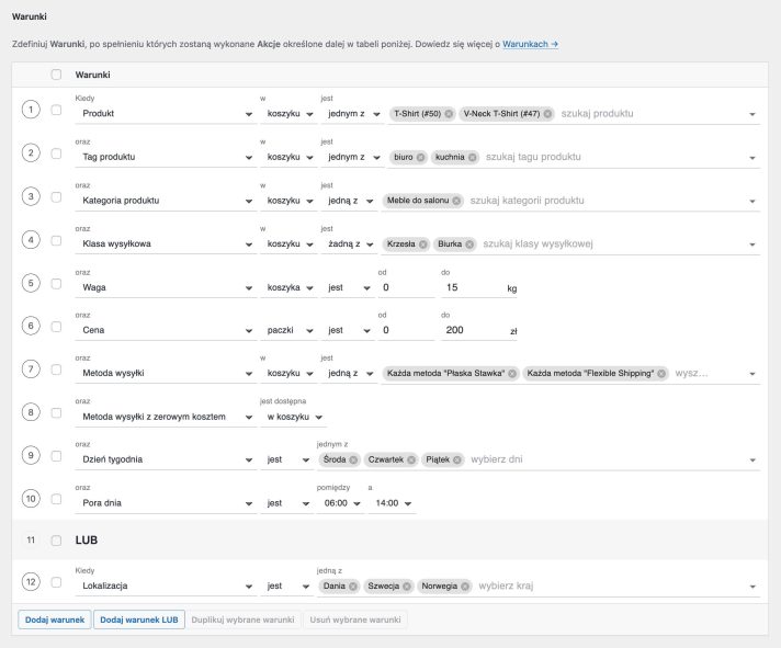 Conditional Shipping Methods - Warunki tabela