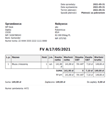 Faktura z podstawowymi opcjami