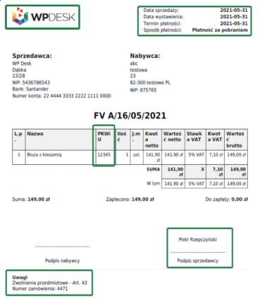 Faktura z włączonymi opcjami dodatkowymi