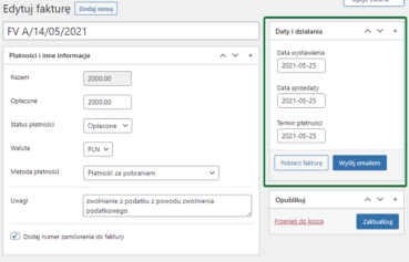 Data sprzedaży podczas modyfikacji faktur woocommerce