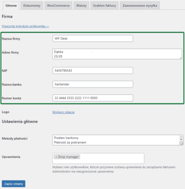 Dane sprzedawcy na fakturze WooCommerce