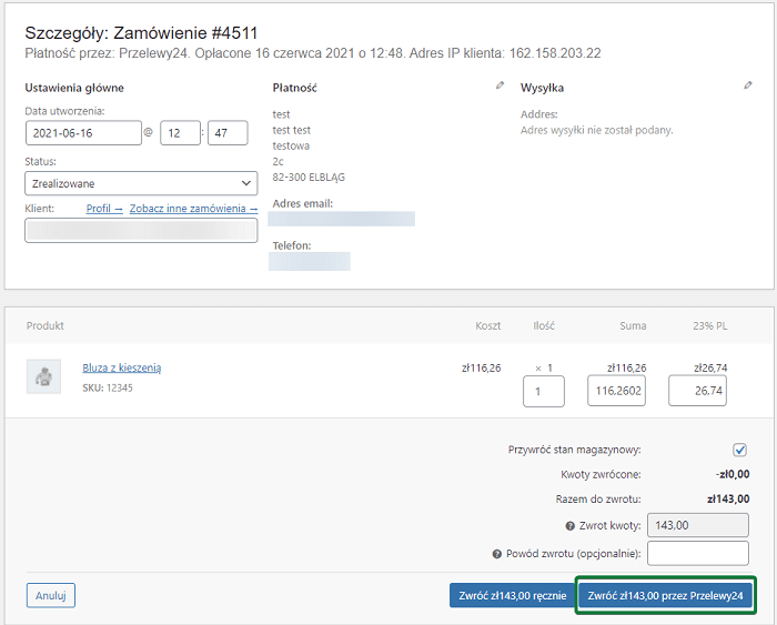 Przelewy24 zwrot pieniędzy dla zamówienia WooCommerce - szybka płatność zwrotu także z BLIK