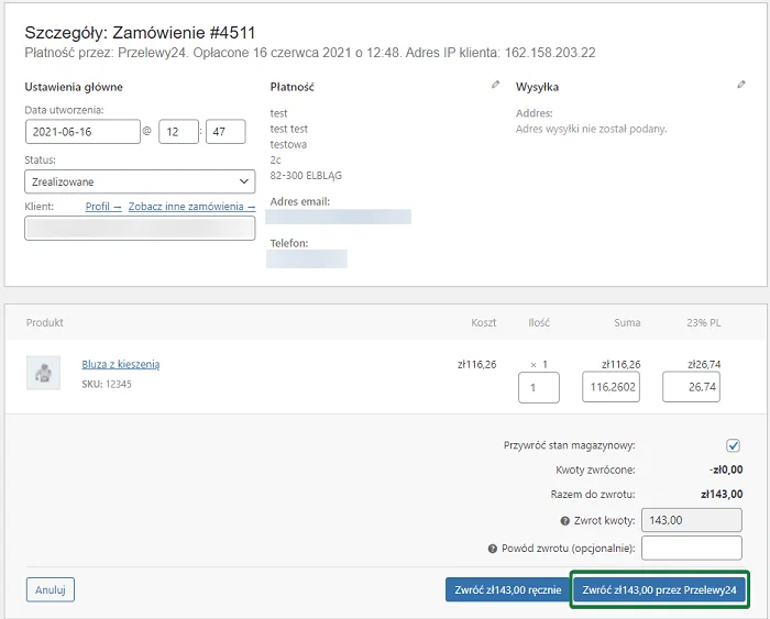 Przelewy24 zwrot woocommerce