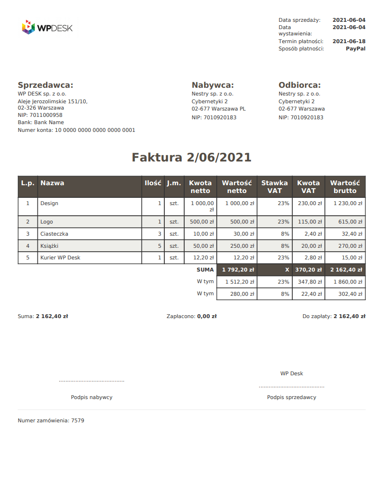 Szablon faktury PDF WooCommerce