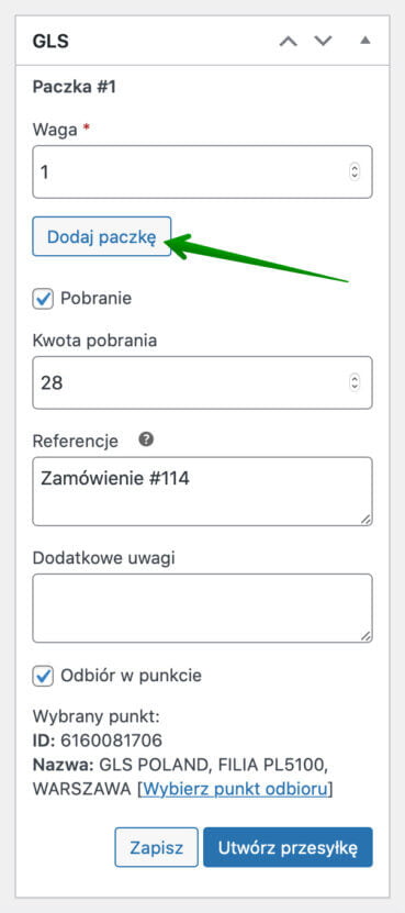 GLS WooCommerce - Dodaj paczkę