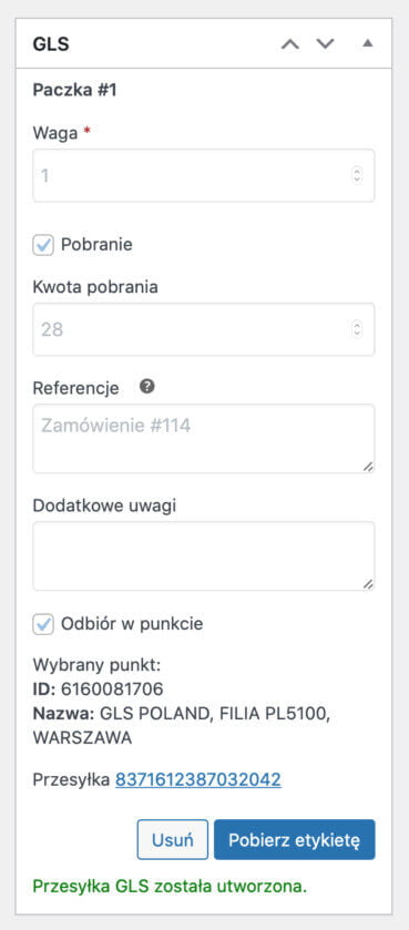 Utworzona przesyłka GLS WooCommerce