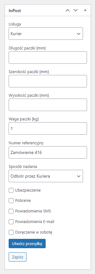 InPost WooCommerce metabox Kurier