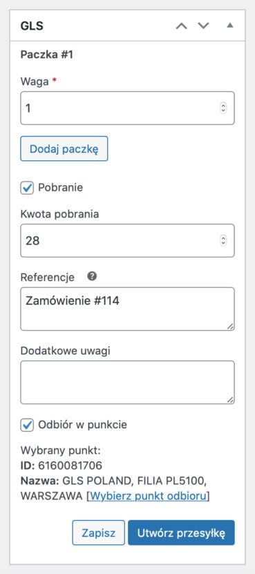 Metabox GLS - Ustawienia przesyłki