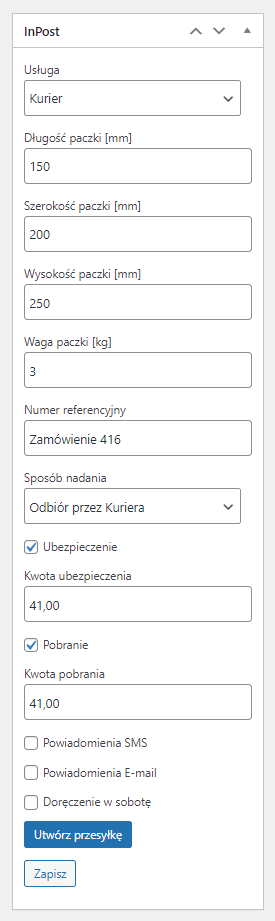 WooCommerce InPost - Nadawanie paczki w edycji zamówienia
