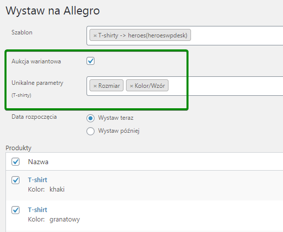 Oferta wariantowa - wystawianie aukcji na Allegro ze sklepu WooCommerce
