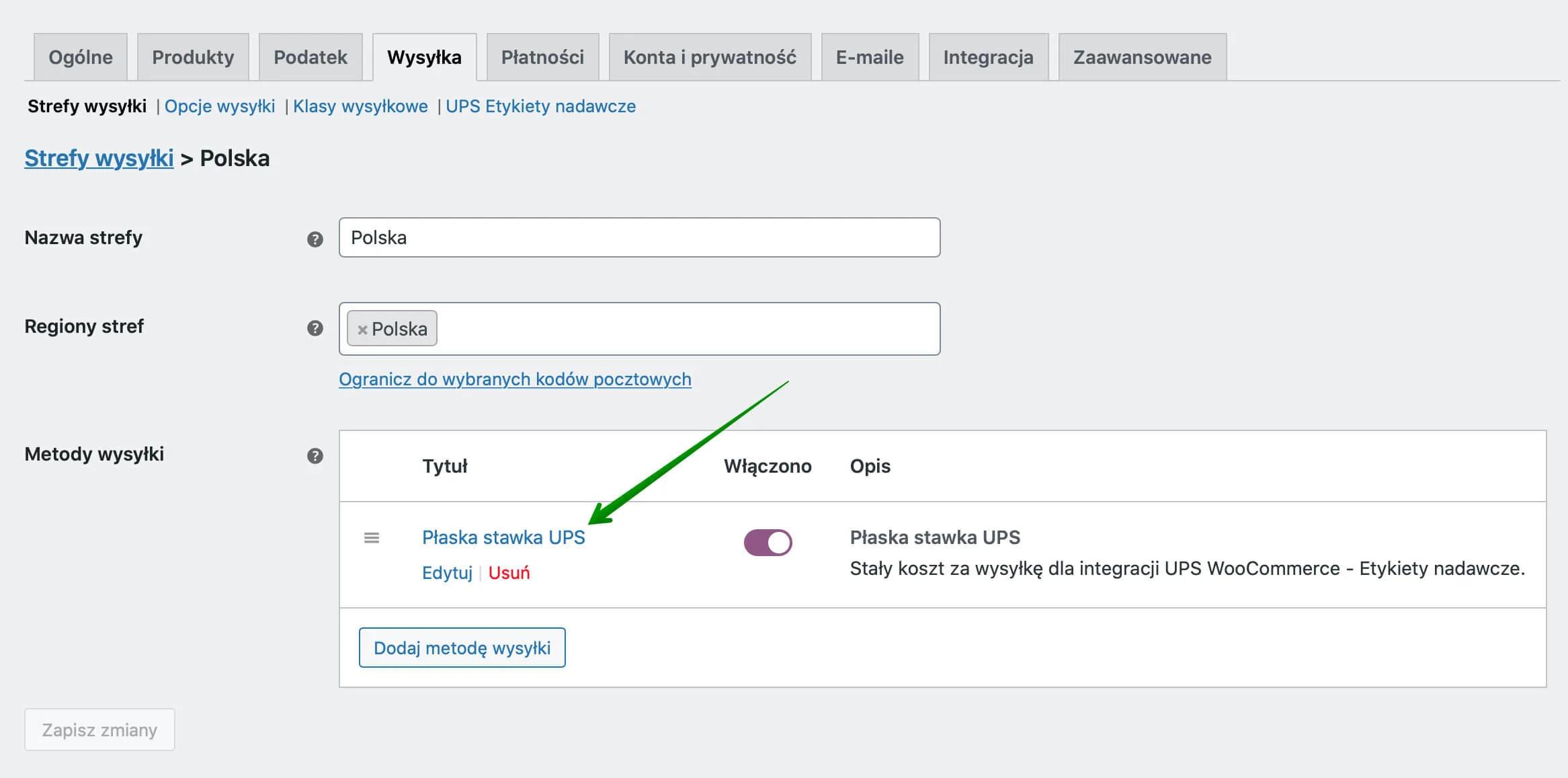 Dodana metoda wysyłki Płaska stawka UPS