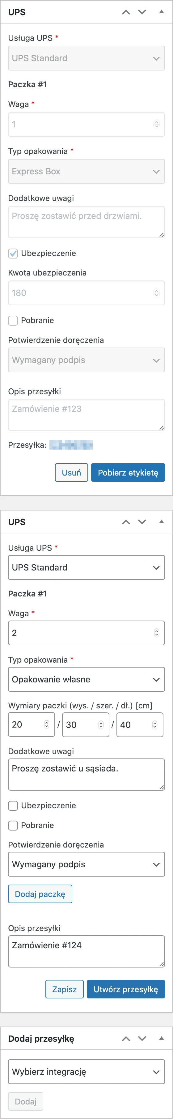 UPS Etykiety nadawcze i śledzenie przesyłek - Dodatkowe przesyłki UPS