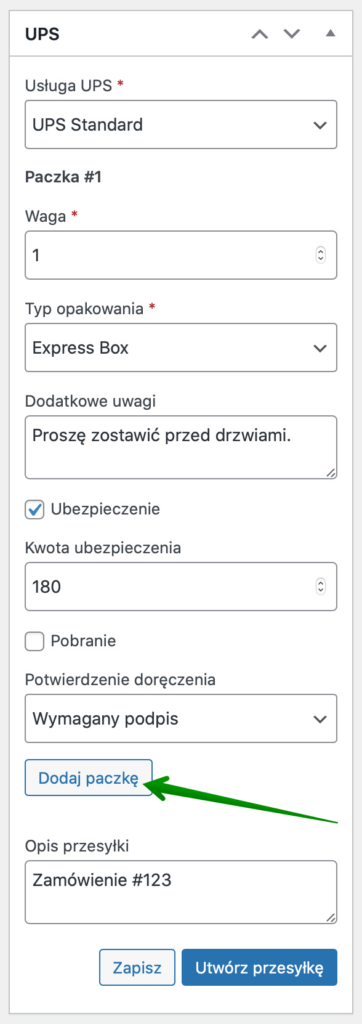 UPS Etykiety nadawcze i śledzenie przesyłek - Dodaj paczkę