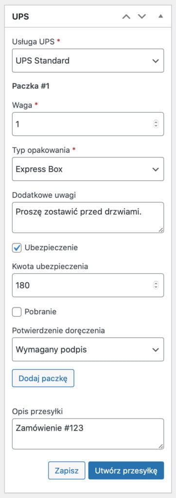 Szczegóły zamówienia - Metabox UPS