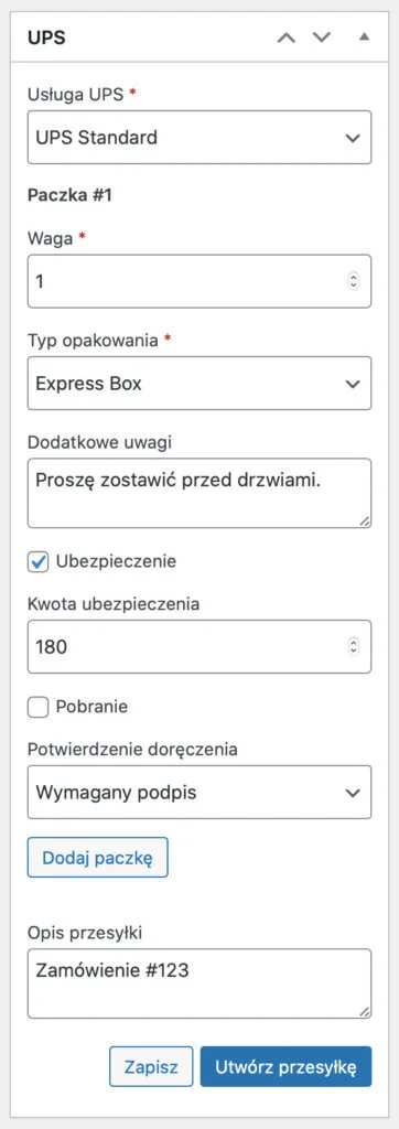 Szczegóły zamówienia - Metabox UPS